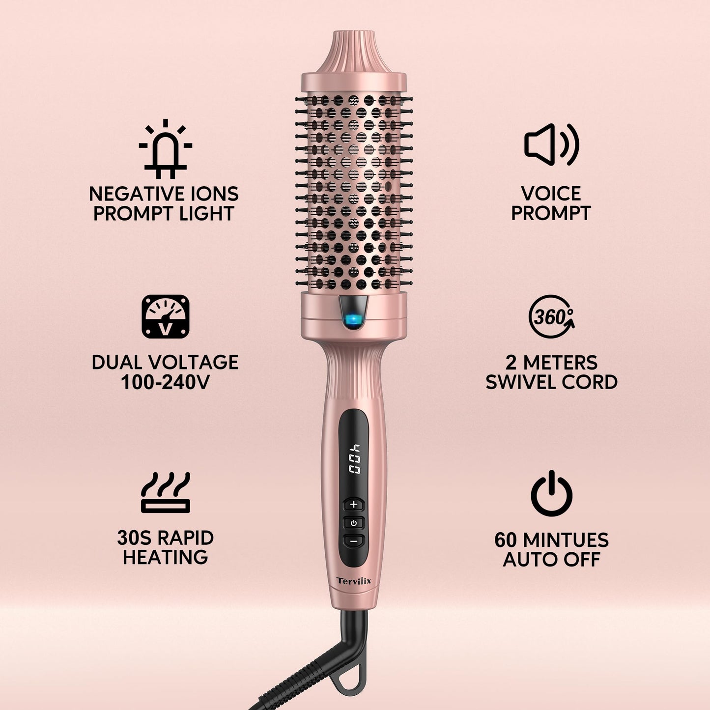 Terviiix Thermal Brush Get Voluminous Style, Quick Heating Hot Brush, Ceramic Tourmaline Ionic Heated Curling Iron, Digital Display 9 Temperatures Curling Wand, Dual Voltage, 1.5 Inch