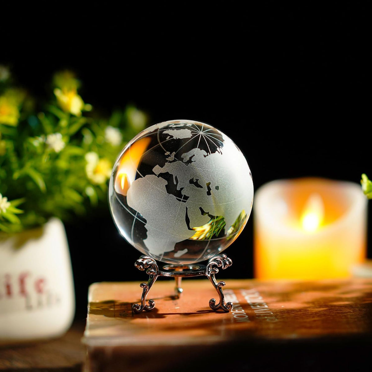 ZEERSHEE 80mm Crystal Earth Globe Ball with Stand World Map Glass Sphere Desk Office Home Decor Glass World Globe Paperweight