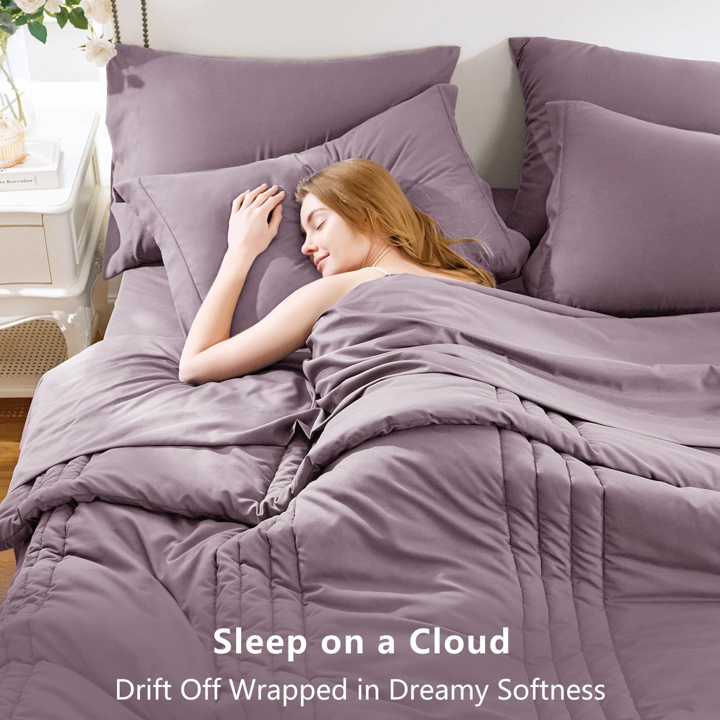 CozyLux King Size Comforter Set Dusty Purple - 7 Pieces Bed in a Bag, Modern Vertical Quilted Room Decor, Soft All-Season Bedding Gift with Comforter, Sheets, Pillowcases & Shams