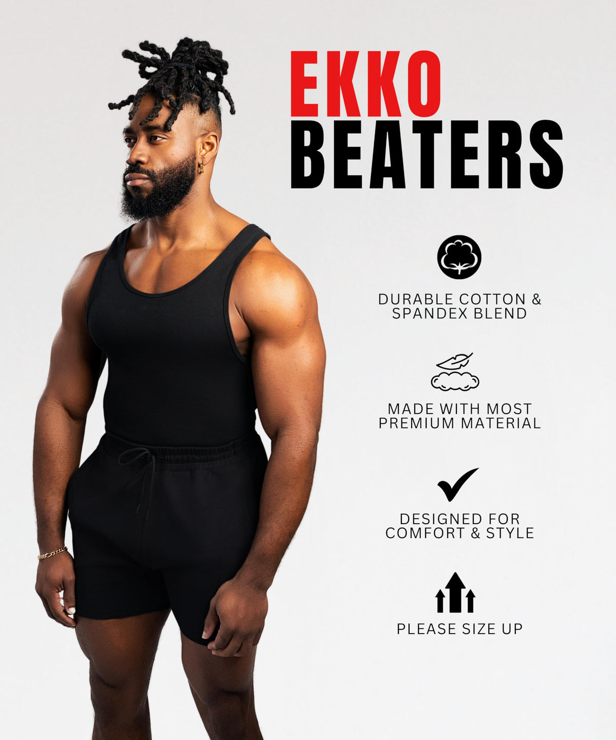 Ekkovision Beaters, Men's Tank Tops, Cotton Spandex Blend Tanks for Men, Comfortable, Durable & Stylish Ribbed Fabric, Ideal Fit for Gym or Casual Wear, Single Pack, Black, Size Large (PLEASE SIZE UP)