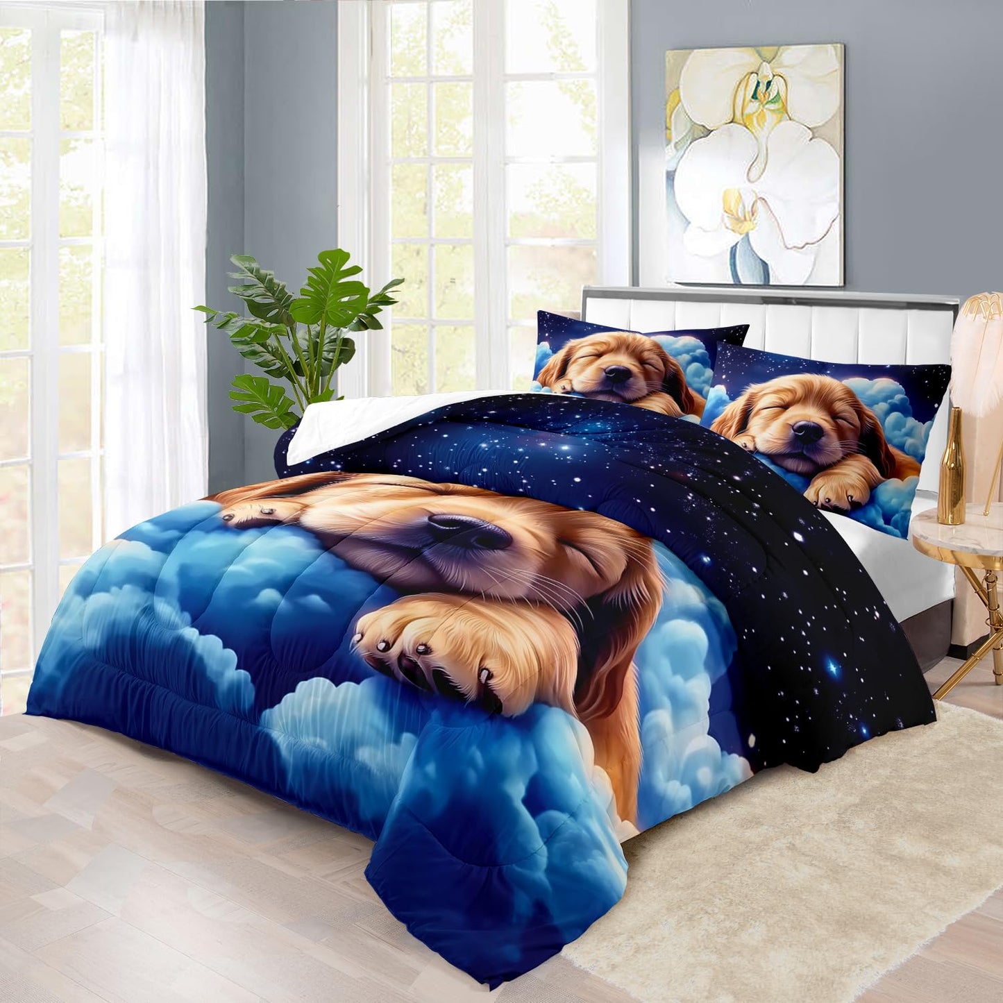 llyxsesty Blue Cute Dog Comforter Set King for Kids Blue Animal Bedding Set Boys Kawaii Dog Kids Comforter King Quilt Animal Bedroom Decor Starry Sky Bedding Bedroom Decor