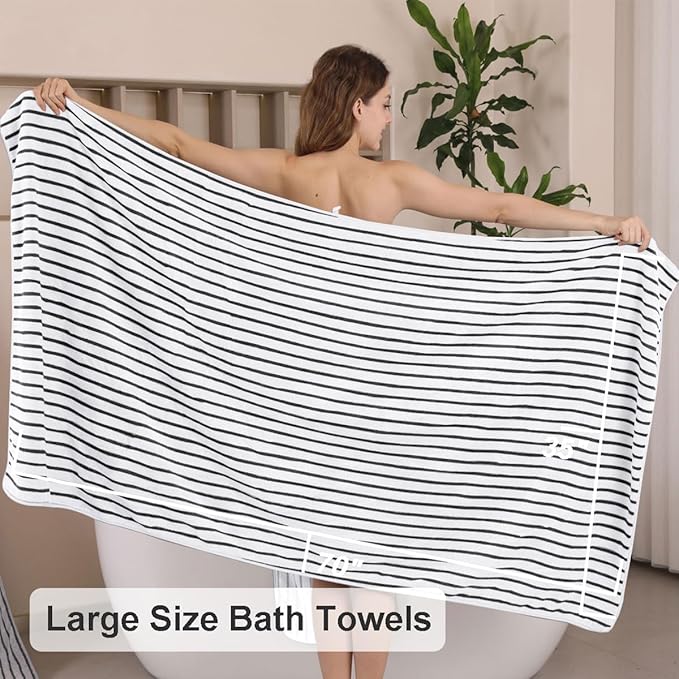 Oliven 8 Pcs Black White Cabana Stripe Large Bath Towel Set Oversize Bath