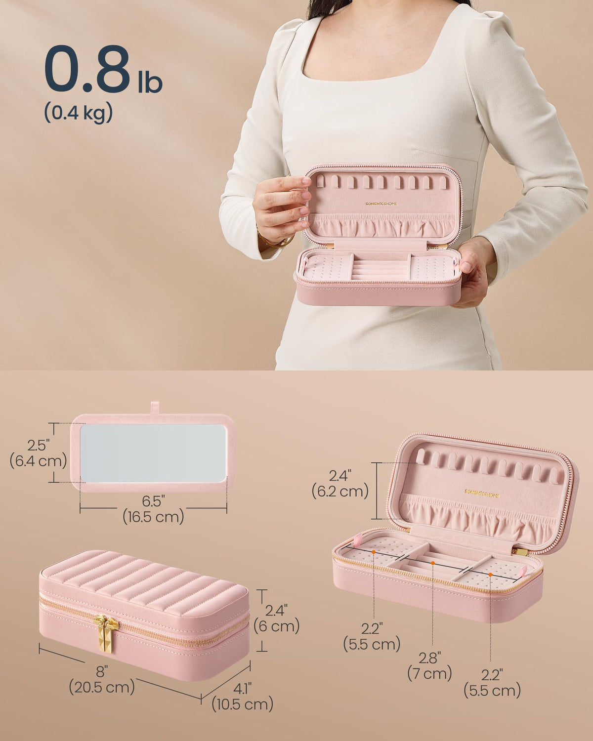SONGMICS HOME Travel Jewelry Case, Travel Jewelry Box Organizer with Mirror, 4.1 x 8 x 2.4 Inches, Stitching, Portable, Gift Idea, Jelly Pink UJBC180S01
