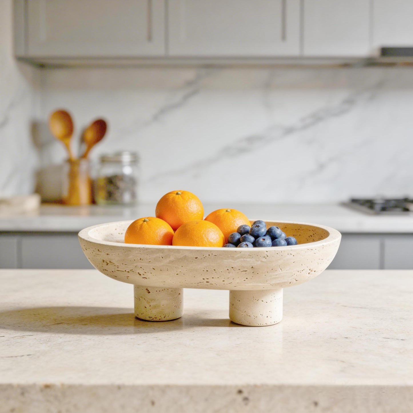 GEOONA Natural Travertine Fruit Bowl, Multi-Functional Oval Stone Tray with Two Elevated Legs, Decorative Organizer for Fruit, Jewelry, Keys in Kitchen, Living Room, Entryway