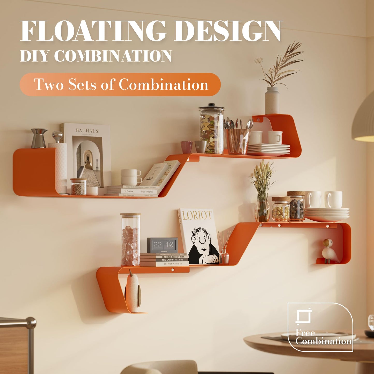 Sttoraboks Floating Wall Shelves Set of 3, Metal Mounted Shelf with Unique Design, Bookshelf for Storage & Display in Bathroom, Bedroom, Kitchen, Living Room, Orange Home Decor