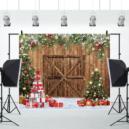 Merry Christmas Backdrop 10x10ft Xmas Tree Wood Barn Door Photography Backdrop Christmas Tree Wreath Gift Box Xmas Light Photoshoot Background New Year Xmas Party Decorations Backdrop Banner Supplies