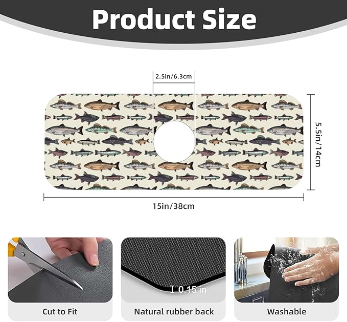 Vintage Bass Fish Bait Fishing Kitchen Sink Splash Guard Faucet Mat 1 Pcs