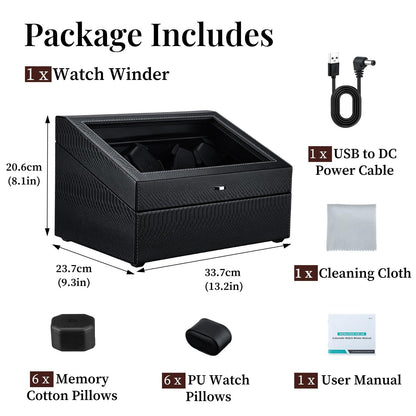 Mcbazel Watch Winder for Automatic Watches, 6 Watch Winder + 6 Storage Case, Watches Winder Box with Super Quiet Motor, Blue LED Light, Memory Foam Pillows, Gift for Men & Women - Black