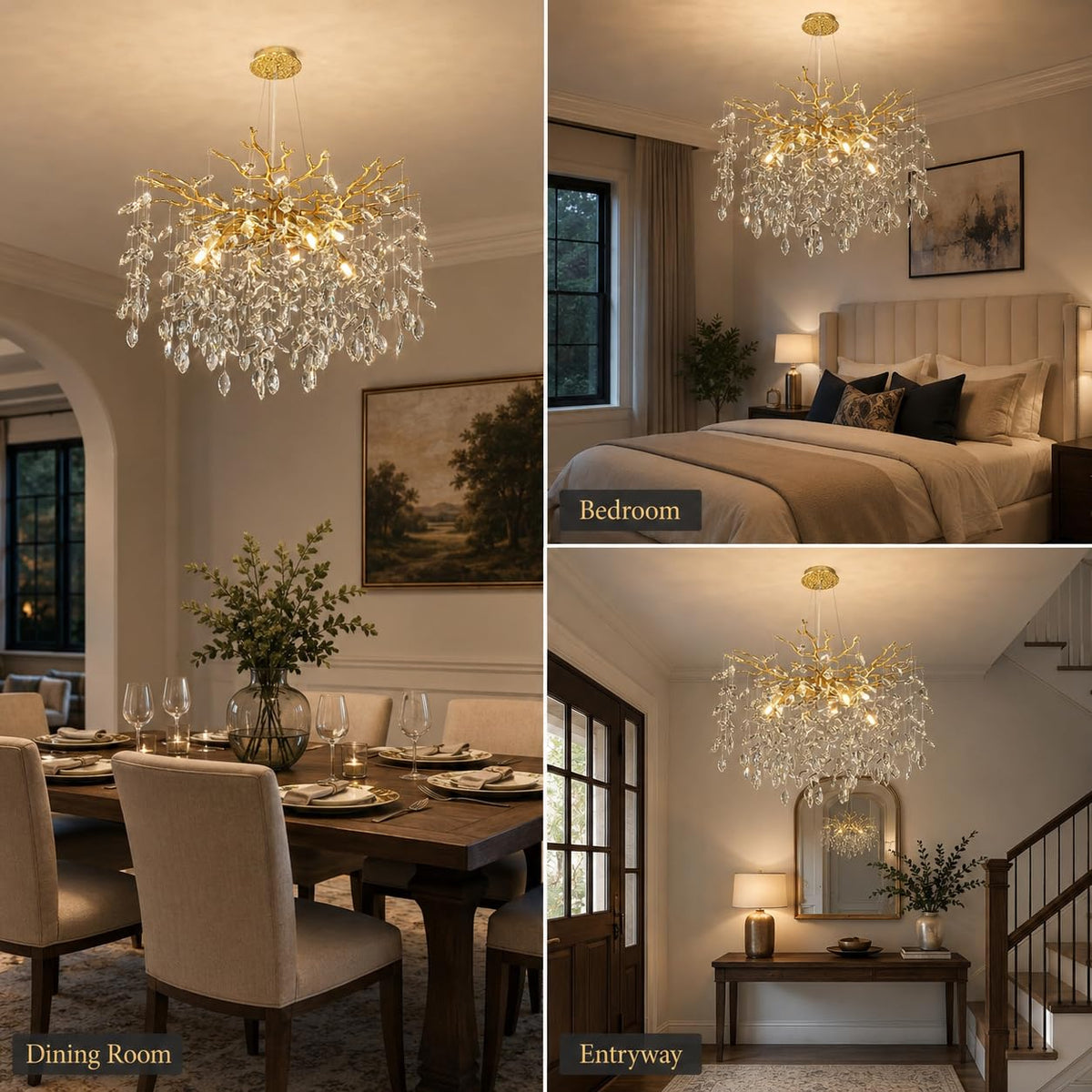 kvtinmty 24'' Modern Tree Branch Crystal Chandelier Luxury Gold K9 Crystal Chandelier 9-Light Crystals Pendant Chandeliers for Dining Room Living Room Bedroom Kitchen Entryway