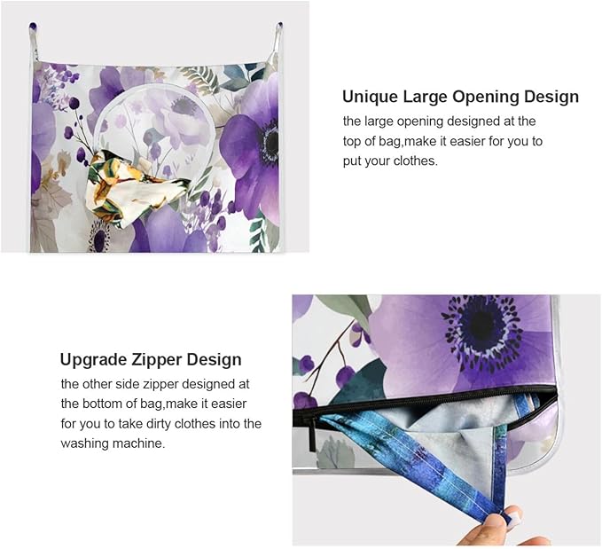 Purple and White Silver Lotus Flowers and Berries Hanging Laundry Hamper Door