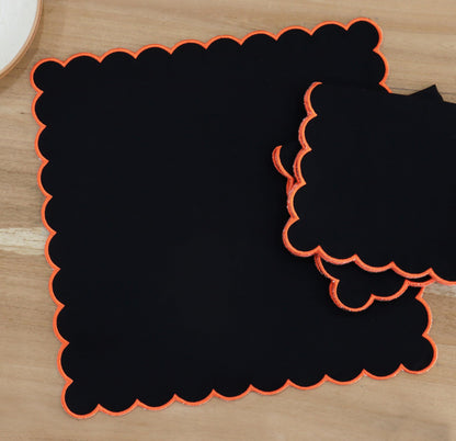 PurpleEssences Scalloped Embroidery Cloth Napkins Table Decor Fall Thanksgiving Halloween 100% Cotton Set of 4-18 x 18 inch - Black - Edges - Orange