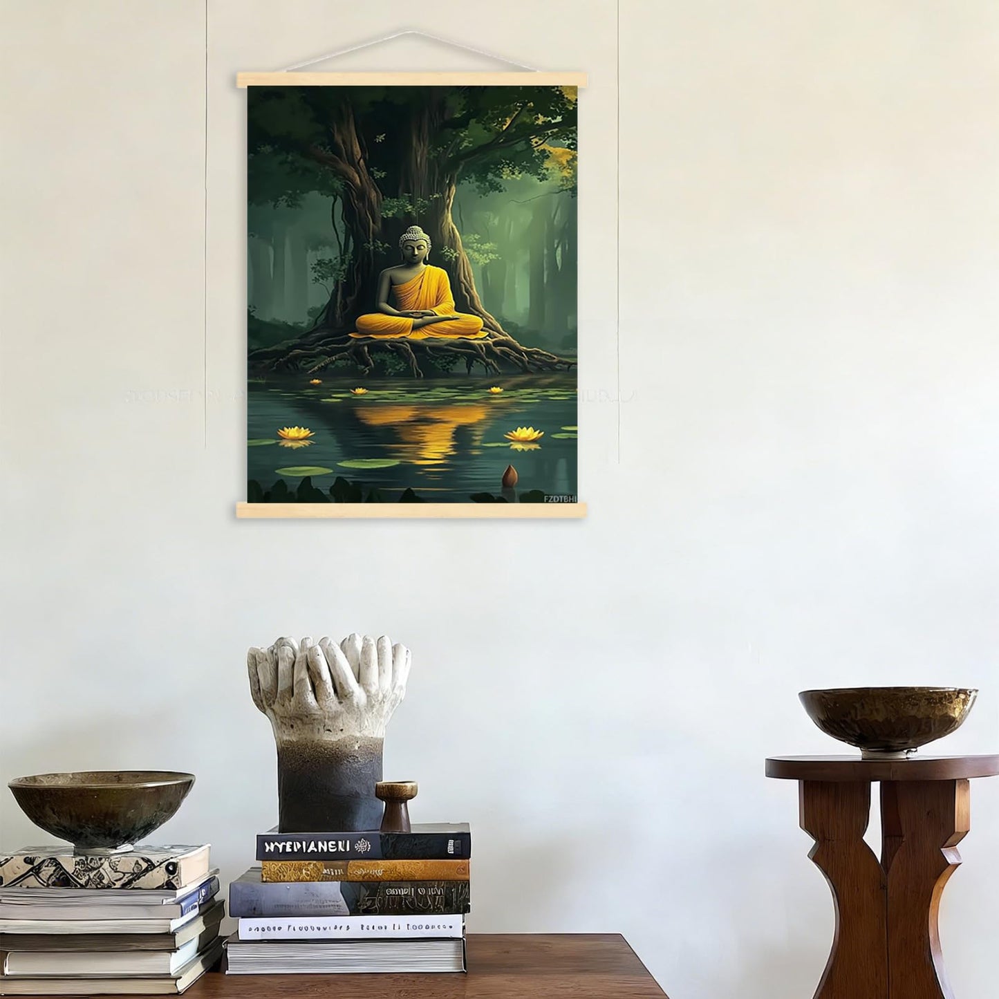 Buddha Canvas Wall Art, Buddha in the Green Jungle Painting Print Poster, Zen Statue Art Pictures Artwork, Meditation Buddhism Wall Decor for Yoga Room, Living Room Framed, 12x16inch