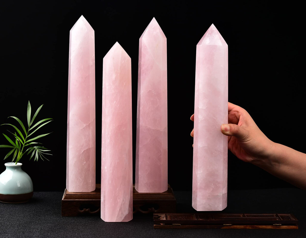 AMOYSTONE Large Healing Crystal Obelisk Tower Rose Quartz Point Wand Crystal Decor Reiki Gifts for Bignners 2.6-3.0 LBS