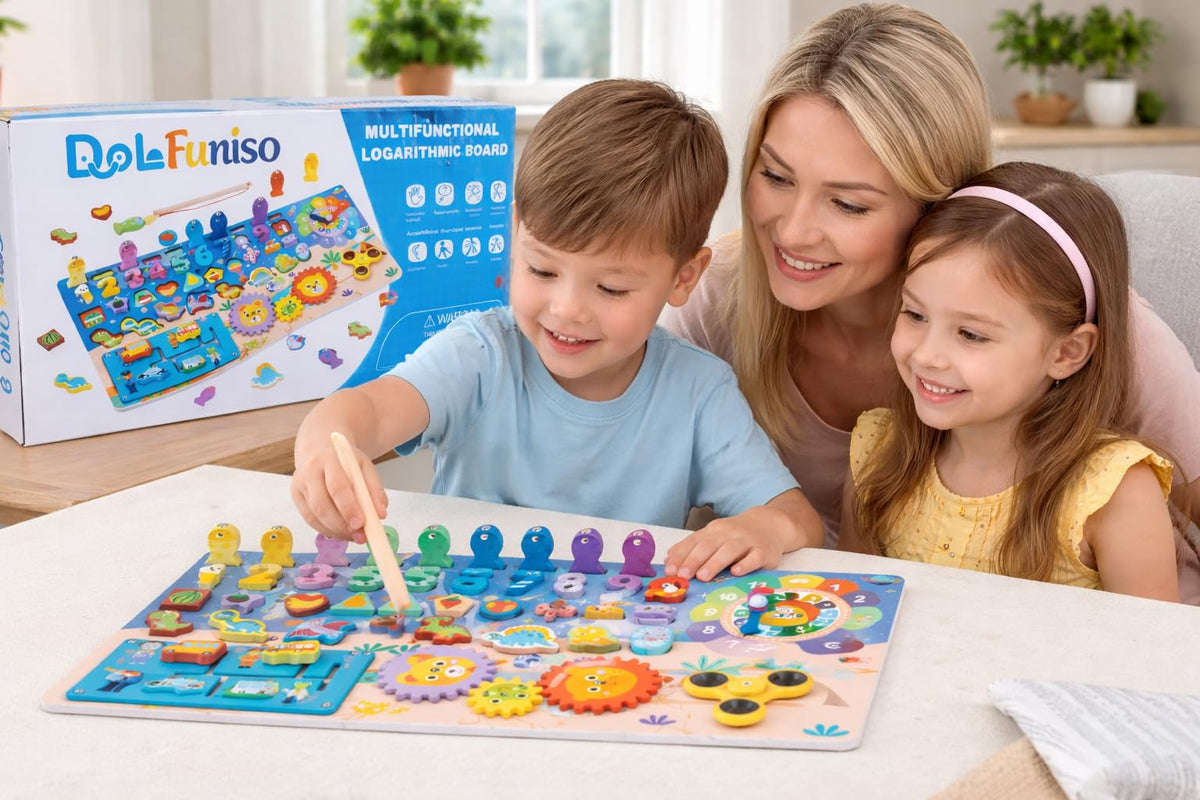 Funiso Montessori Wooden Busy Board Toys for 3+ Boys & Girls, Educational Learning Toy, Number Puzzle Board with Counting, Shapes & Magnetic Fishing Game, Preschool Toy Gift for Toddlers Kids.