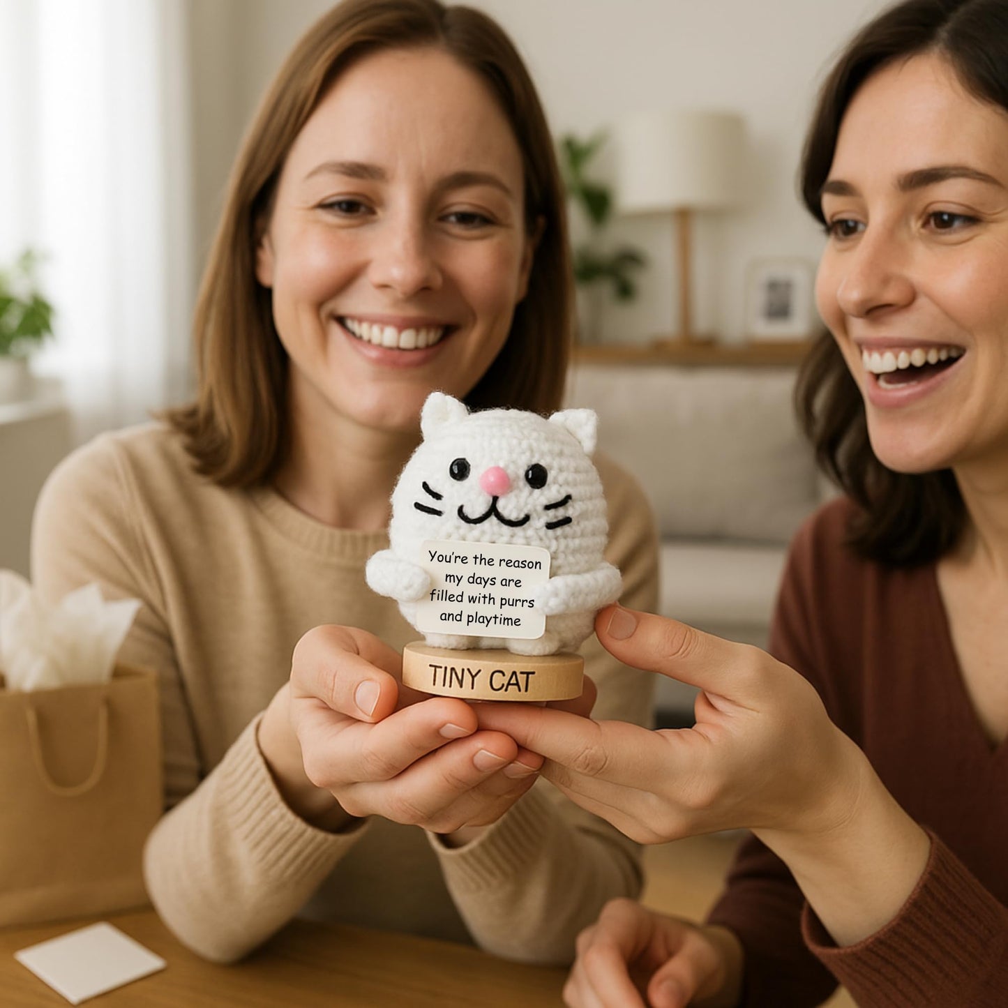 Cat Gifts for Women - Positive Crochet Animal with 30 Cute Signs | Cat Mom Gift for Women for Birthday, Mothers Day | Funny Fur Mama Present Ideas for Cats Lady | Present Idea for Friends, Coworkers