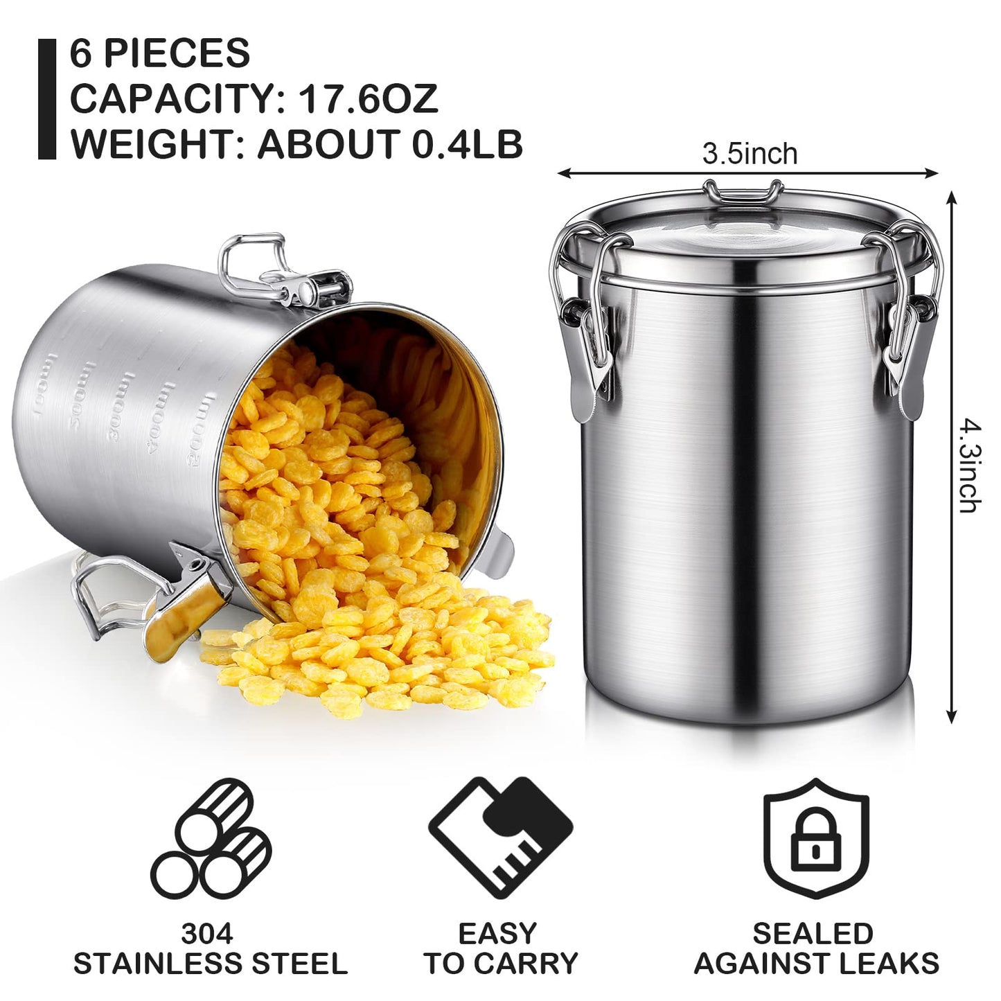 Zopeal 6 Pack Stainless Steel Canisters Set Stainless Steel Airtight Food Storage Containers Metal Containers with Lids Sealed for Tea Coffee Sugar Flour Pantry Baking Kitchen Counter (17.6 oz)