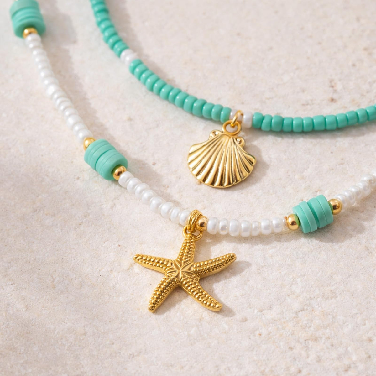 NMZH Shell Starfish Pendant Layered Necklace Set，2 Pcs Boho Y2k Blue White Beaded Gold Seashell Star Charm Choker Summer Beach Ocean Dainty Adjustable Trendy for Women Jewelry Gifts (Blue)