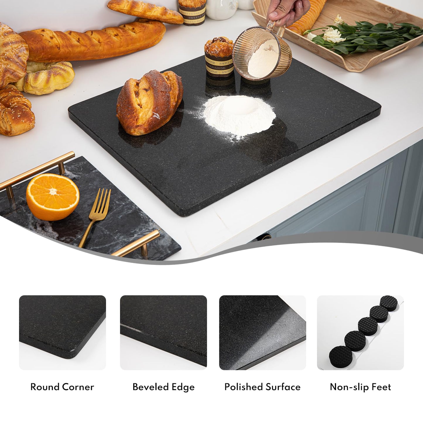 Lovdeco Granite Black Cutting Board, Pastry Board For Kitchen, Large Black Marble Slab Gift With Non-Slip Feets, 16x20 Inch, 1 Piece