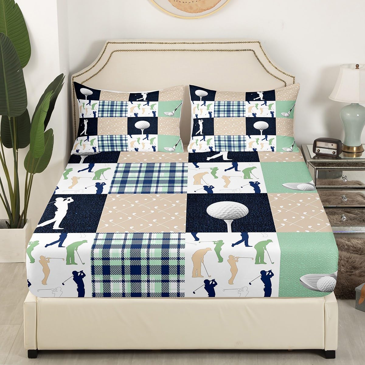 Castle Fairy Golf Plaid Bed Sheet Set for Boys Girls,Ball Sports Lover Style Bed Sheet Set Full Size Bedding Set,Green Buffalo Grid Geometric Fitted Sheet and 1 Flat, 2 Pillow Sham