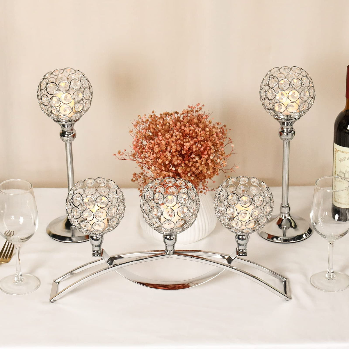 DARCKLE Silver Crystal Candle Holders, Decorative Arch Candelabra Centerpieces for Tables, 3-Arm Candlesticks Holder and 2 Glass Holders, Silver Table Decor for Wedding, Party, Anniversary