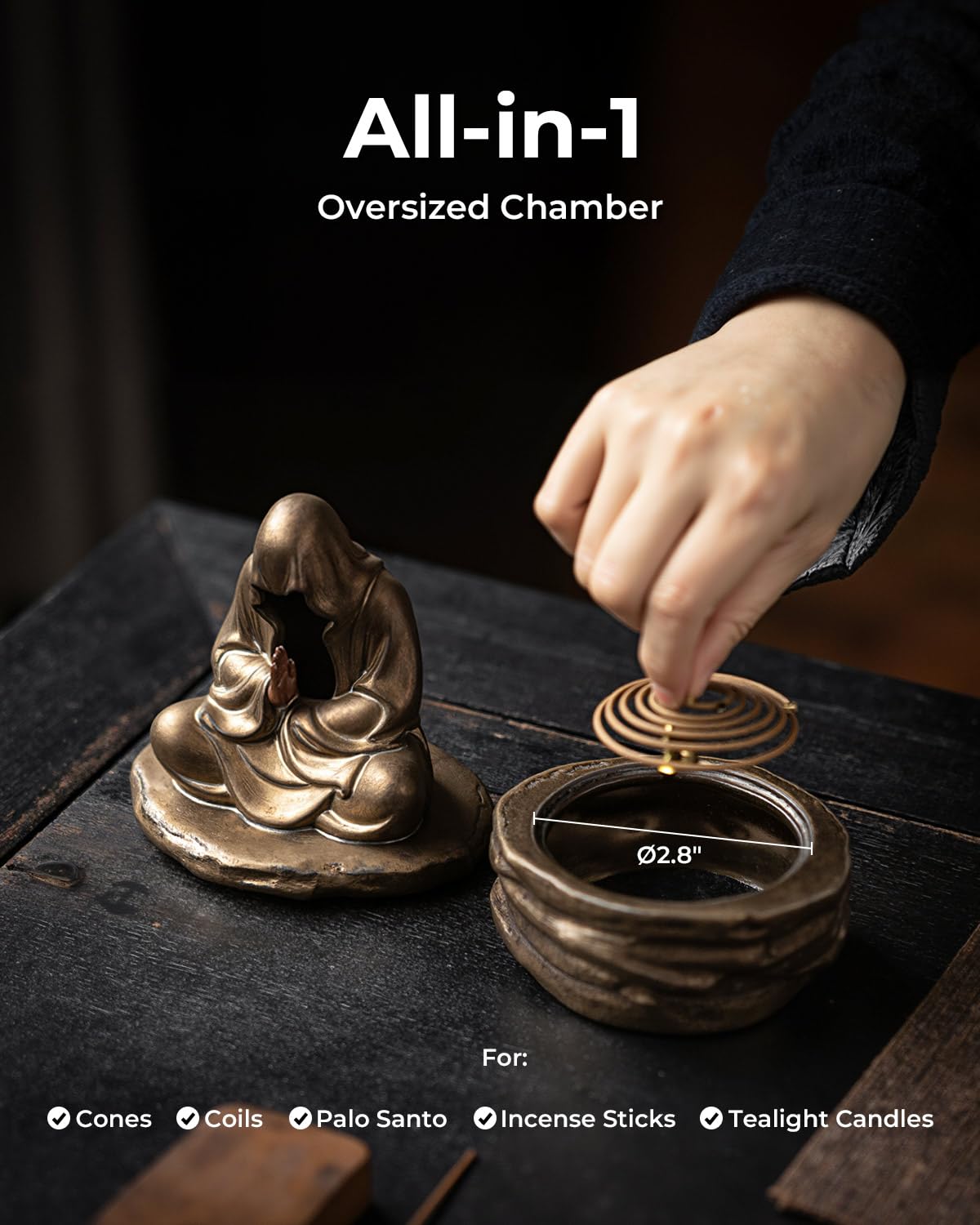 TEAVOR Ceramic Incense Burner for Cone & Coil – Faceless Buddha Statue for Protection, Evil Spirit Cleansing & Zen Meditation, Home Decor to Ward Off Negativity