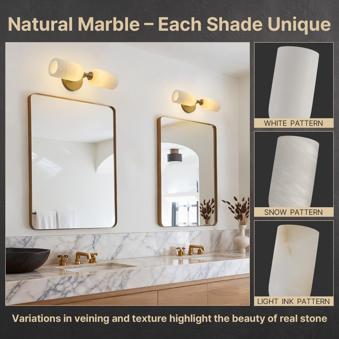 Vintage Alabaster Brass Wall Sconce: Set of 2 Antique Spanish Natural Marble Modern Vanity Wall Lights - 14" Brushed Gold Vanity Light - Indoor Sconces for Bathroom Stair Hallway Bedroom Living Room