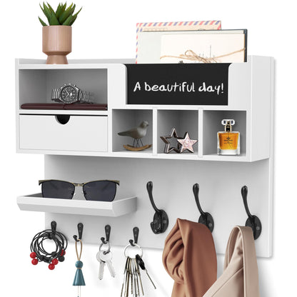 QooWare Key Holder Wall Mount with Mail Slot, Wall Key Holder with Chalkboard, Drawer & 7 Hooks, Key Hooks for Wall, Key Hanger Organizer for Entryway Keys Coats Bags, White Farmhouse