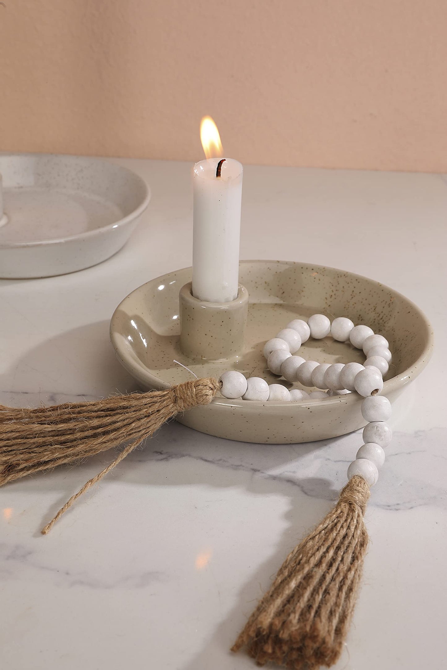 DN DECONATION Ceramic Candle Holder, Boho Candlestick Holder with Round Plate for Taper Candles, Unique Farmhouse Porcelain Candle Stick Holder for Meditation/Yoga Room Home Wedding Decor(Gray)