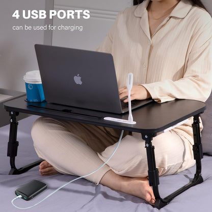 BYMECOST Laptop Desk for Bed, Height Adjustable Laptop Bed Table, Foldable Portable Lap Desk Stand with USB/Storage Drawer/Cup Holder/Slot, Breakfast Tray for Working Reading Writing Eating