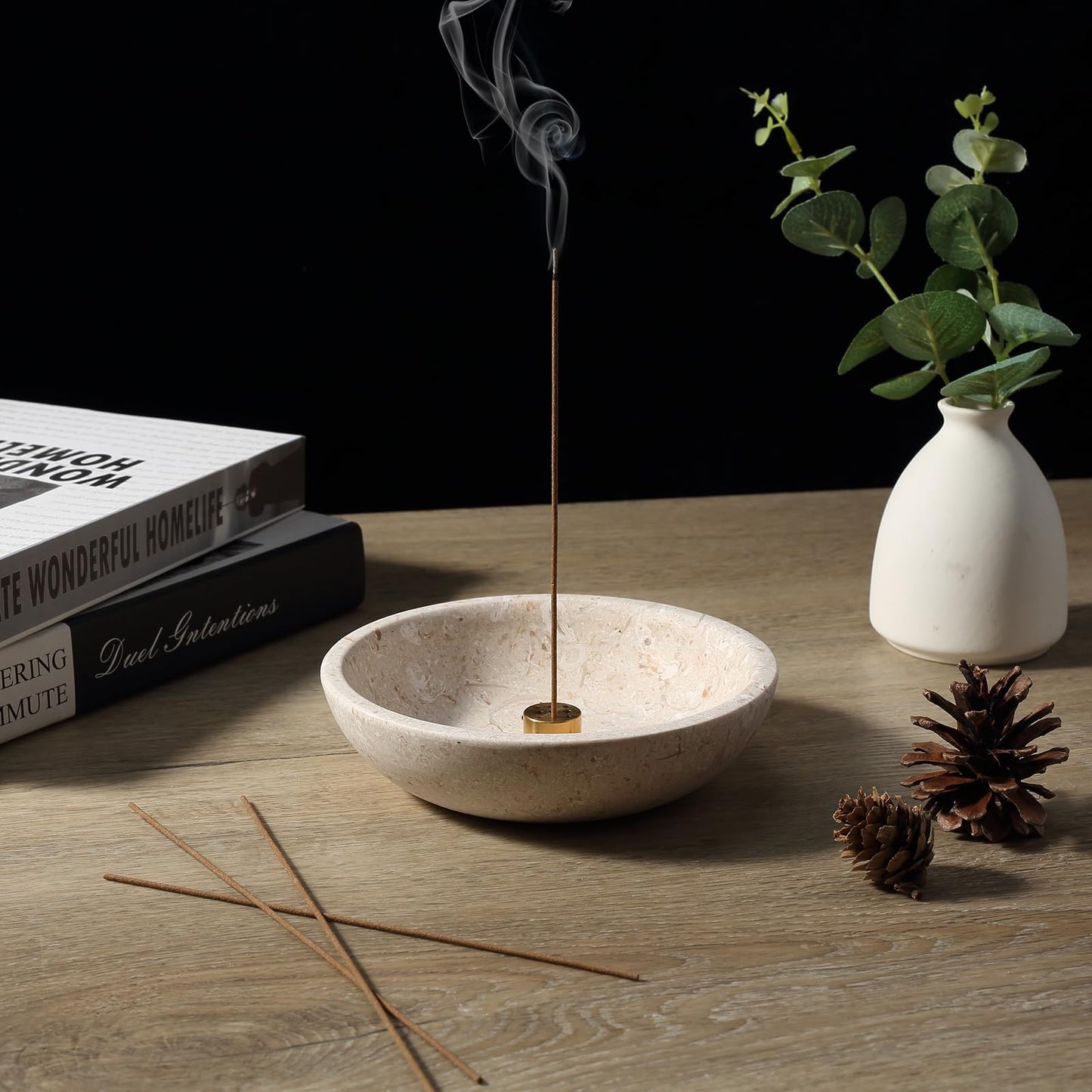 Koville Natural Marble Incense Holder, Incense Holder for Sticks with 9 Holes, Handmade Incense Burner Ash Catcher for Meditation Yoga SPA, Balsam Fir/Palo Santo/Sage/Cone (RoyalBeige)
