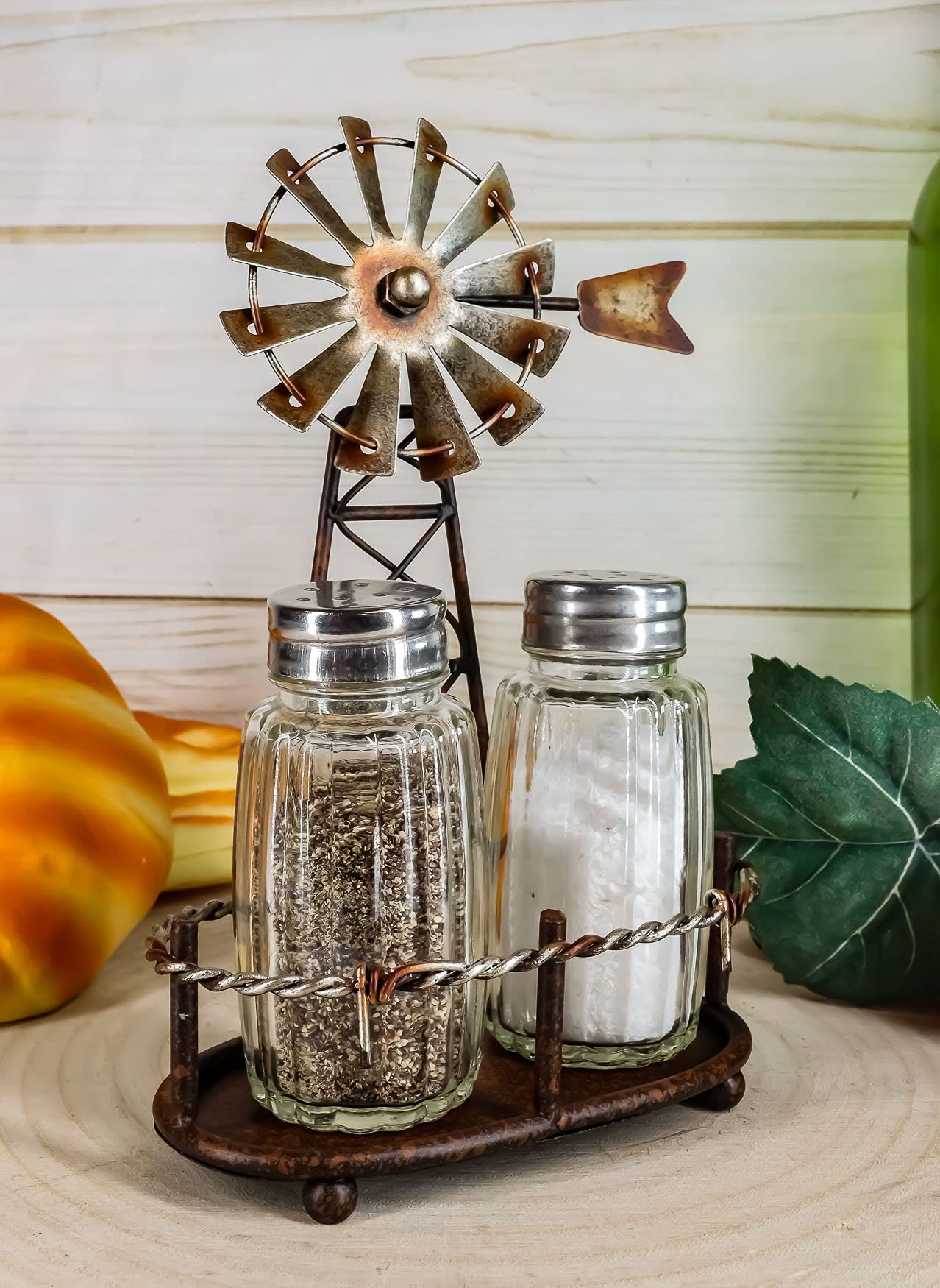 Ebros 6.5"Tall Rustic Country Farm Agricultural Windmill Outpost Salt And Pepper Shakers Holder Display Stand Set Western Kitchen Dining Home Decor Centerpiece In Aged Bronze Finish