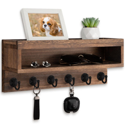 Lucundm Key and Mail Holder Wall Mount, Key Hanger with Long Storage Box and 6 Hooks for Coat, Dog Leash, Home Decor Rack, House Accessories, Entry Way Organizer (Brown)
