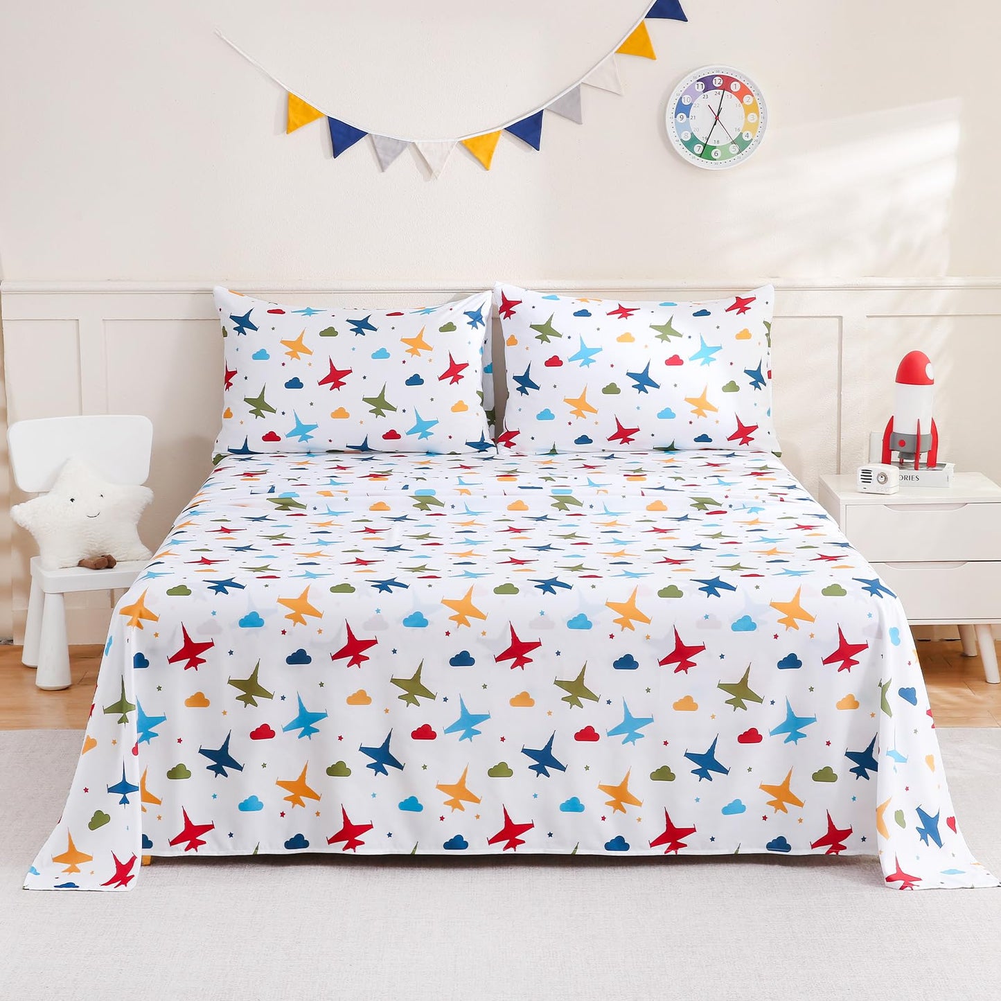 ChicView Full Sheet Set Kids,4 Pieces Breathable Soft Microfiber Bedsheets for Child Boys Girls, Anti Pilling Deep Pockets Easy Care Bed Sheets, Aircraft