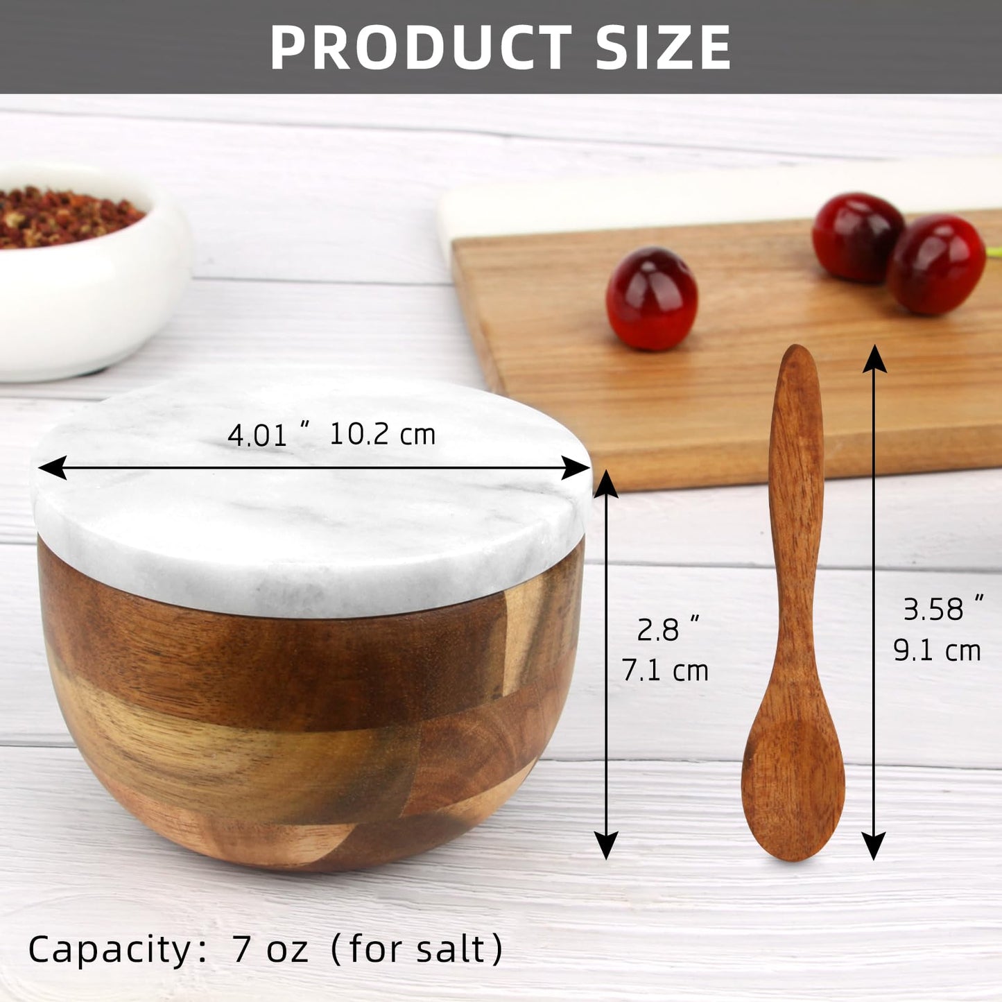 HESHIBI Salt Cellar Box with Lid & Spoon, Modern White Stone Salt or Pepper Sugar Spice Seasoning Bowl Container Jar Holder Well Keeper Dish Pig Crock for Kitchen (White Grey Marble Lid)