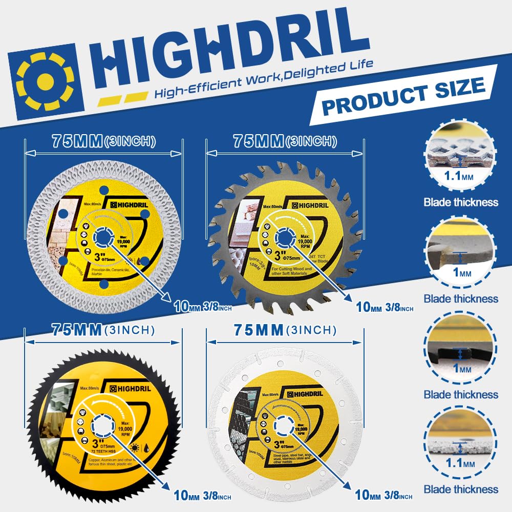 HIGHDRIL 3" 75mm Circular Saw Blade Set 4pcs and HIGHDRIL Diamond Hole Saw Kit