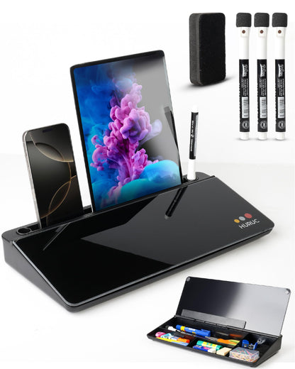 HURUC Small Glass Desktop Whiteboard with Storage,15.3"x7.08"x2.16" inch Desktop Dry Erase Board with Markers & Duster, Desk White Board Buddy Organizer for Home, Office, School (Black)