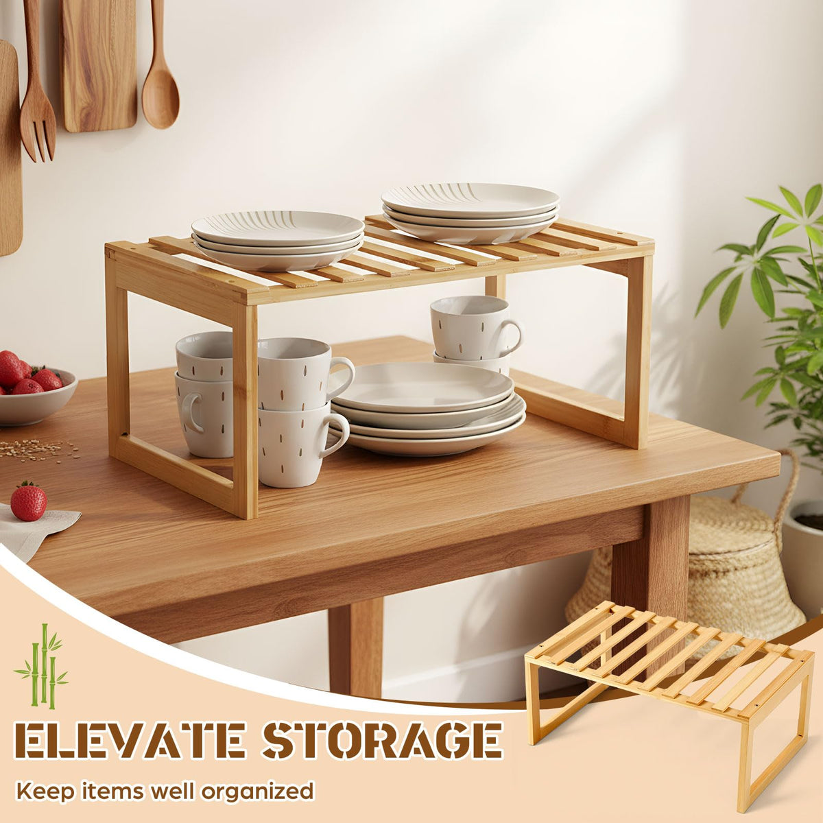 BrightRow 2 Pcs Kitchen Cabinet Organizer Bamboo Bookshelf Bamboo Kitchen Shelves, Cabinet Shelf Organizer, Storage Shelves for Pantry Bathroom Dining Room Study Laundry