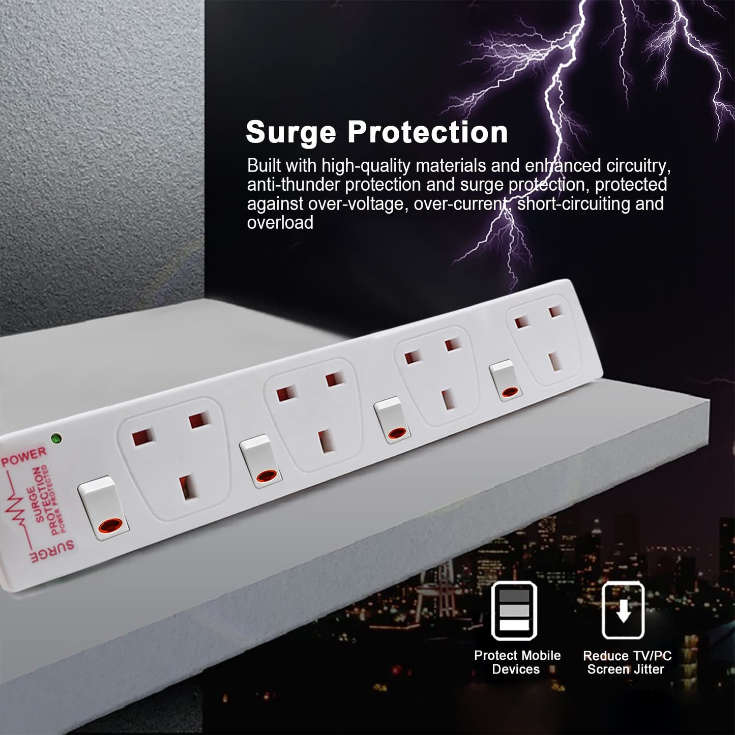 ExtraStar Extension Lead Surge Protection 4 Way Outlets, 13A Power Strip Wall Mounted with Individual Switches, Multi Socket Extension Cable UK Plug for Home and Office (1M, White)