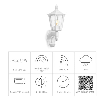 Steinel Outdoor Wall Light L 15 S white- 180° Motion Sensor, 10 m Reach,max. 60 W, Classic Design, for Entrance and Fronts