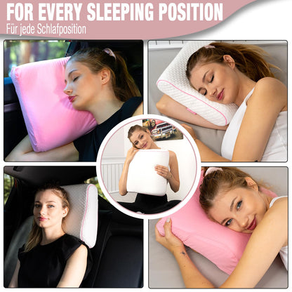 Alkamto Travel Pillow-Camping Pillow-Orthopedic Neck Support Memory Foam Pillow with Temperature Regulating Pillowcase-Extra Cotton Cover-Carry Bag-Small pillow for travel by car,plane,train and hotel