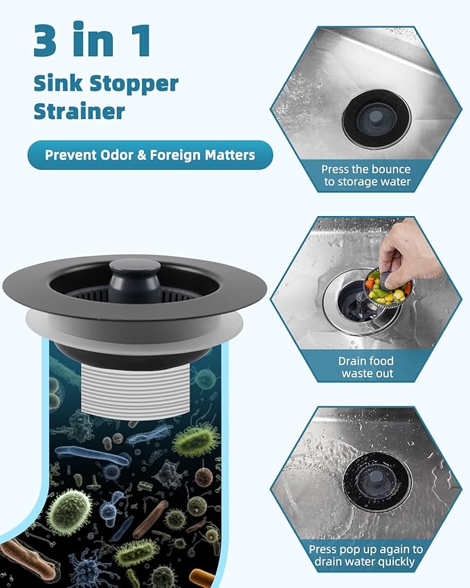 Universal 3 in 1 Kitchen Sink Drain Strainer Stopper Combo, Anti-Clog and Easy