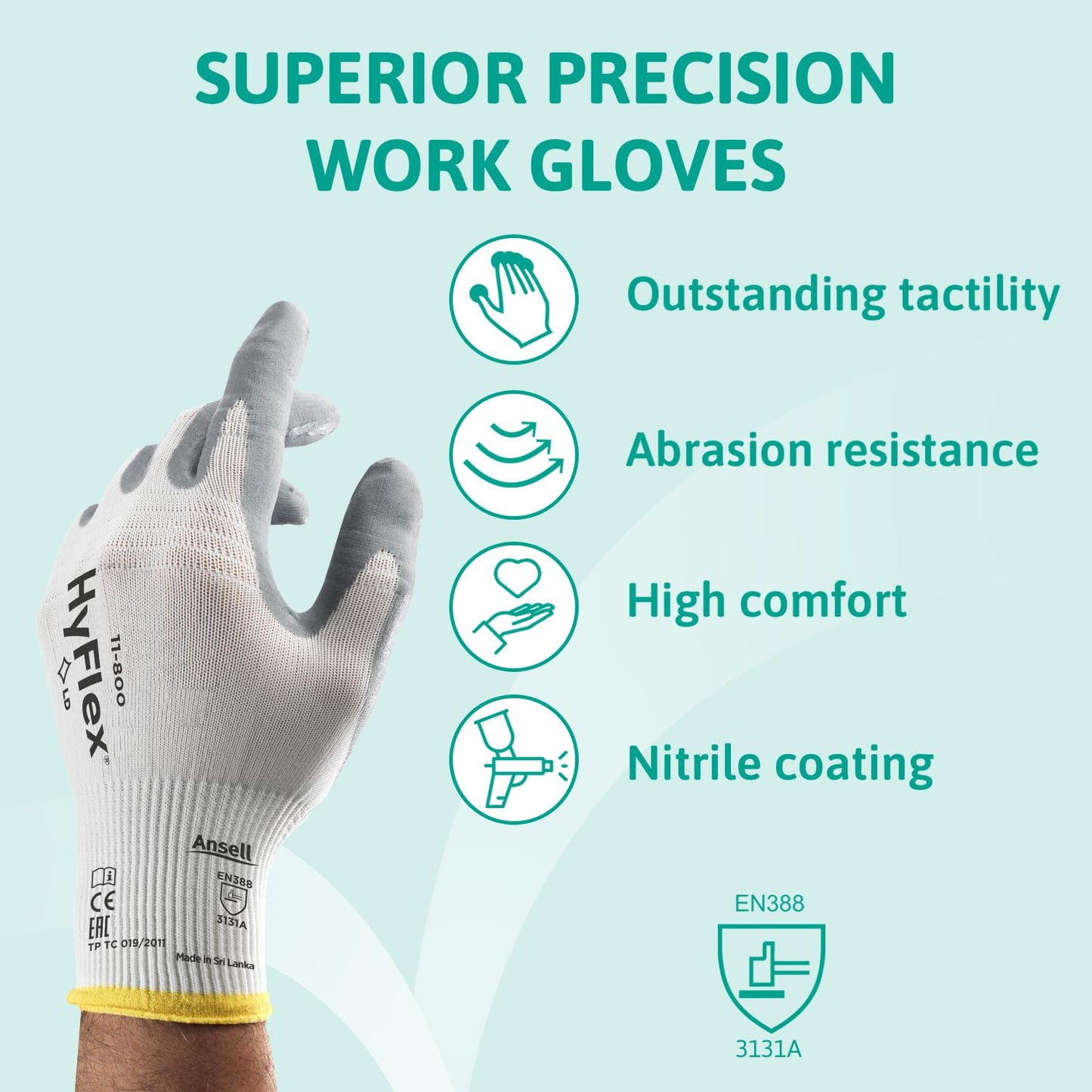 Ansell HyFlex 11-800 Professional Work Gloves, Abrasion Resistant Nitrile Coating with Firm Grip, Multipurpose Protection Gloves, Mechanical and Industrial Safety, White, Size M (12 Pairs)