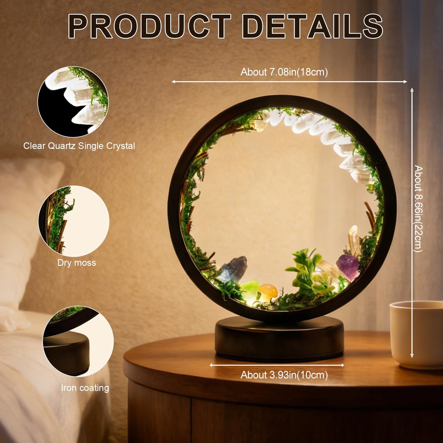 Runyangshi Forest Style Bedroom Night Light USB Port 3 Colours Dimming Mode Bedside Lamp Natural Clear Quartz Single Crystal Healing Crystal Night Lamp for Bedroom Office Home Decor Gift