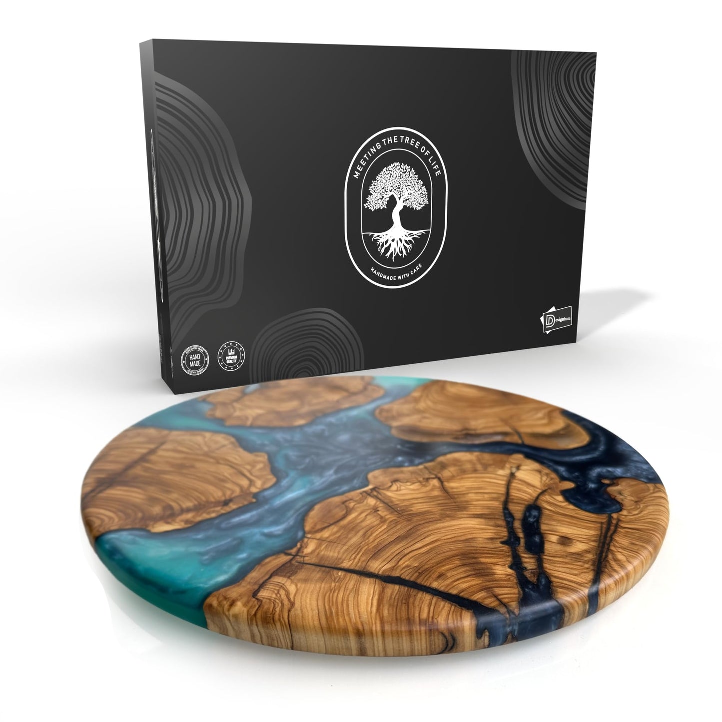 Handmade Olive Wood Round Resin Cheese & Charcuterie Board – Circular Decorative Epoxy Cutting Board with Unique Blue Resin Artwork, Ocean Oasis Design