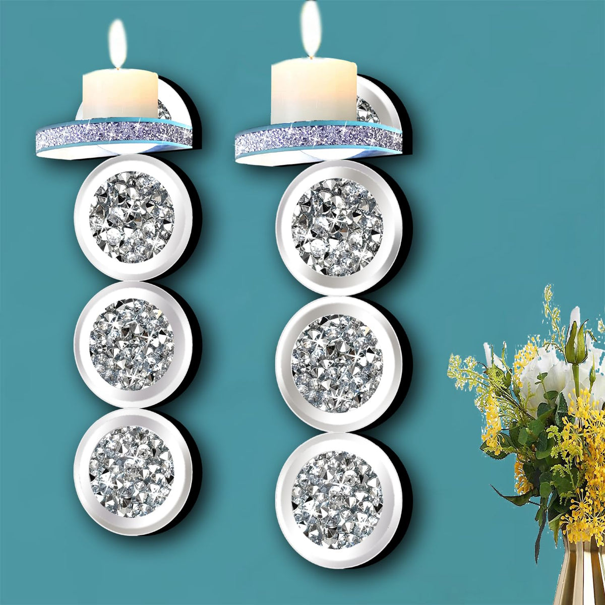 ZOLAPI Set of 2 Crystal Crush Diamond Candle Sconces, Gorgeous Silver Mirrored Wall Sconce, Round Candle Holder Glass Wall Decorations for Home Décor, Living Room, Dining Room.