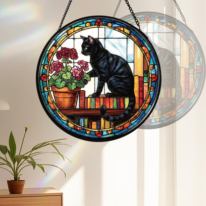 Riletese Stained Glass Window Hanging, Black Cat Themed Stained Glass Suncatcher, Window Decor, Black Cat Design Decorative Gift for Women, Couples, Best Friend, Family, Colleague, Classmate 7.8 Inch