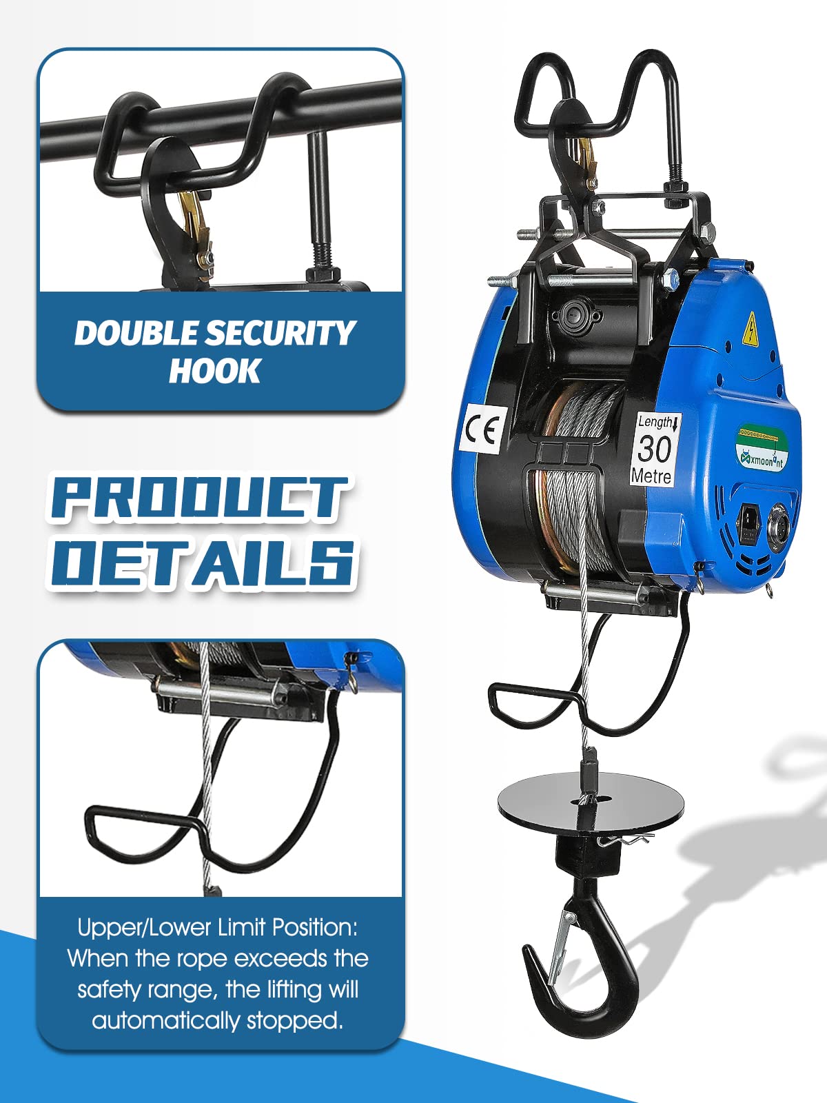 Mxmoonant 250kg Electric Hoist Winch, 19m/min Fast Electric Cable Hoist with Remote, 98ft/30m Lifting Height for Attic, Garage, Workshop, Warehouse, Factory