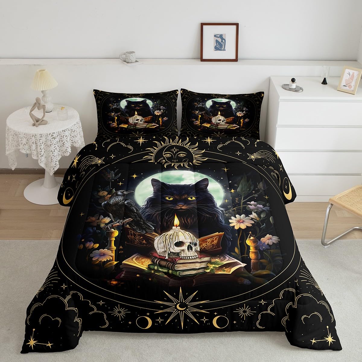 Trippy Cat Comforter Set Full Size,Sun and Moon Kids Quilt Set Gothic Sugar Skull Crow Print Bedding Set for Girls Boys Adult Room Decor,Exotic Daisy Floral Duvet Insert,2 Pillowcases,Black
