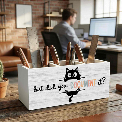 XINCEYWJ Funny Black Cat Pencil Pen Holder for Desk Organizer, Black Cat Gifts, HR Human Resource Gifts, But Did You Document It Wooden Box Decorations for Office Workplace Desk Tabletop Decor