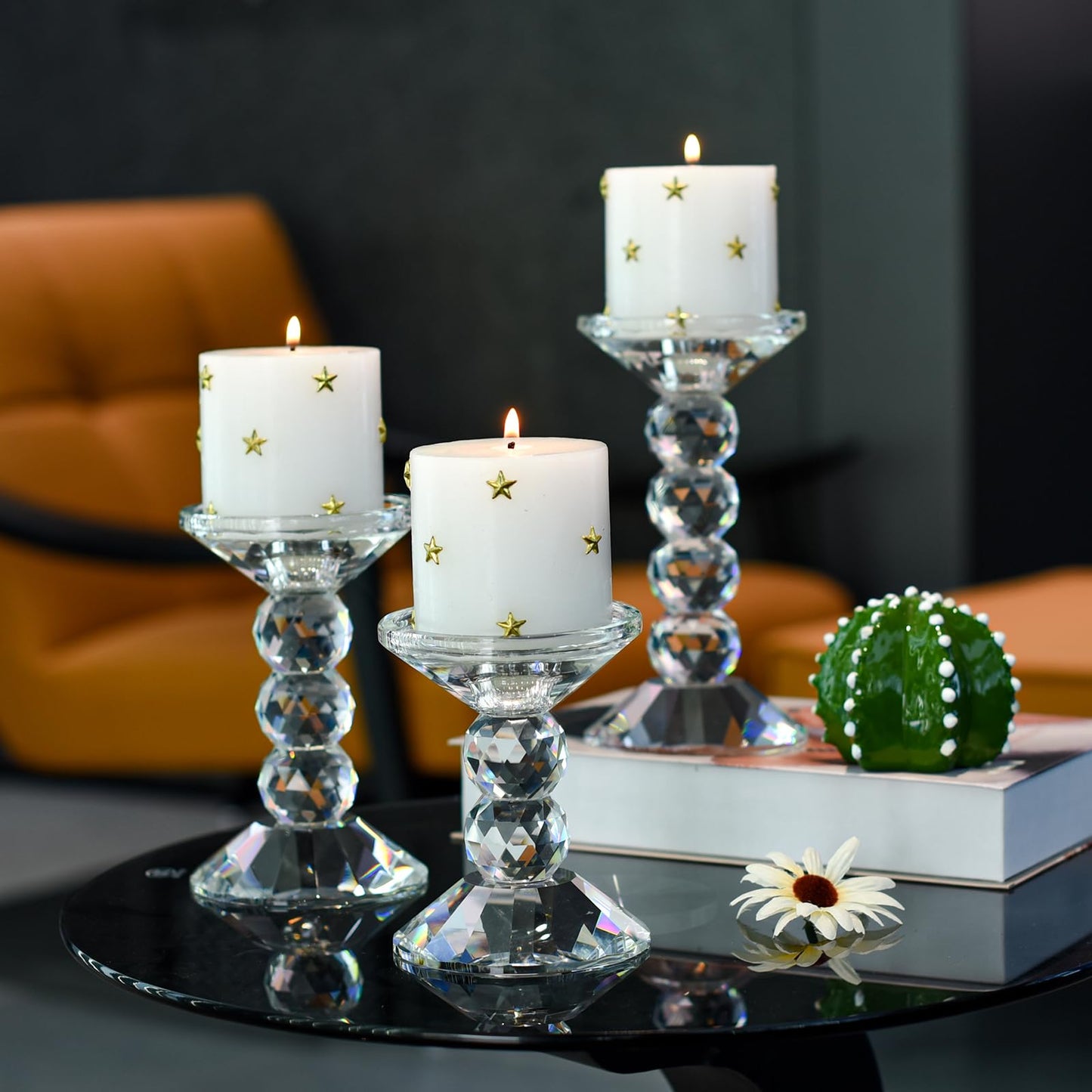 Kitcom Crystal Candlestick Holders Crystal Pillar/Taper Candle Holders, Tabletop Centerpieces for Party Wedding Banquet Decorations Set of 3, Comes with Gift Box(7.5''/6.3''/4.9'' Tall)